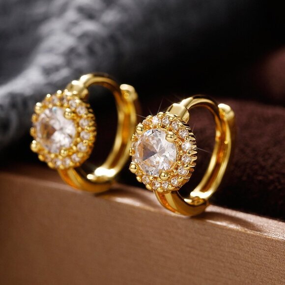 Luxury Diamond CZ Hoop Earring for Women 925 Gold Plated, HA4513 - Picture 1 of 4